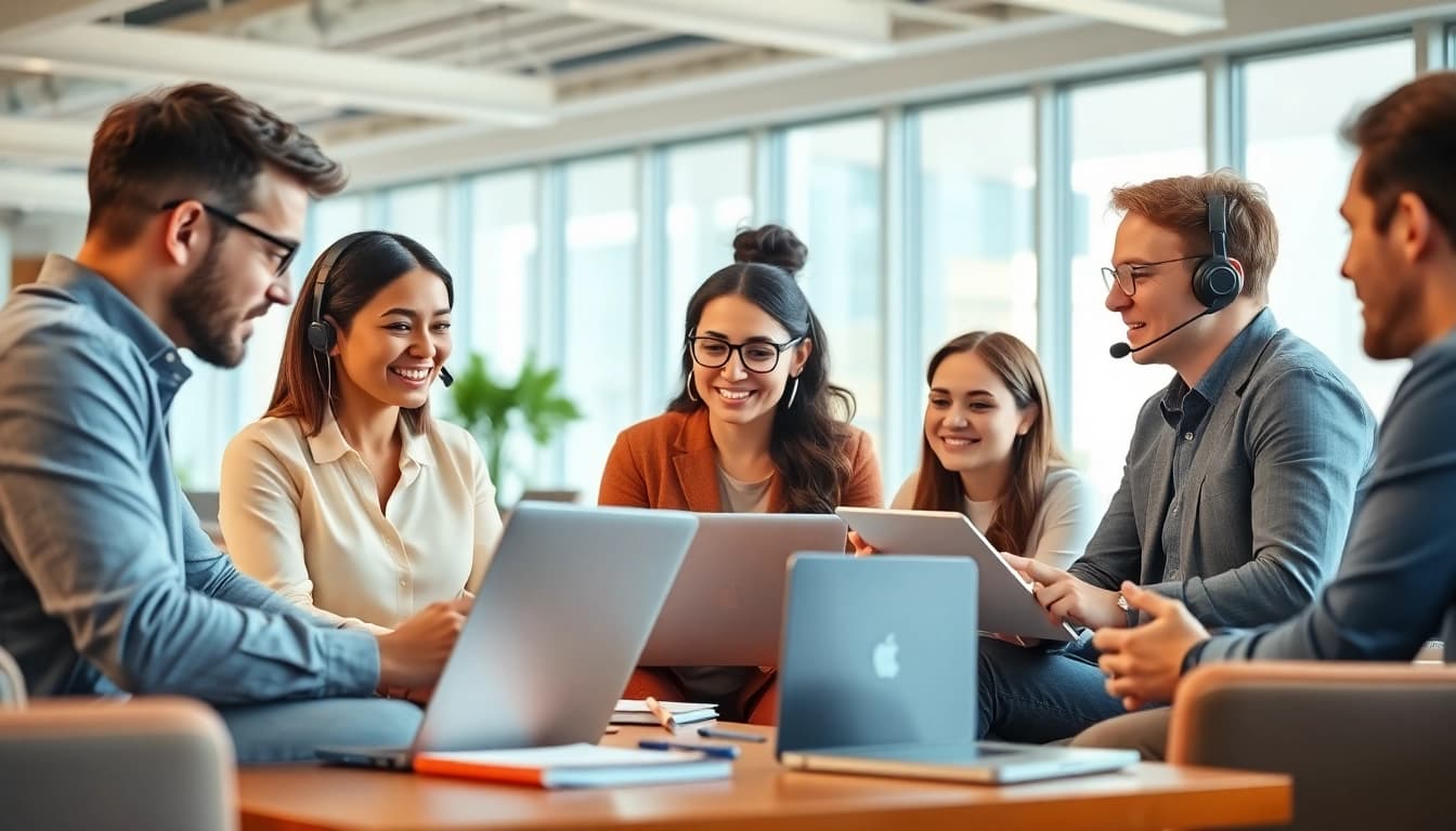 IT support for small businesses team collaborating in a modern office setting.
