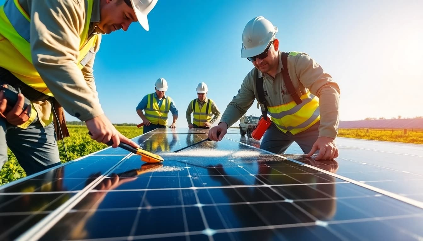 Performing commercial solar maintenance New Jersey with professionals cleaning a solar panel field.