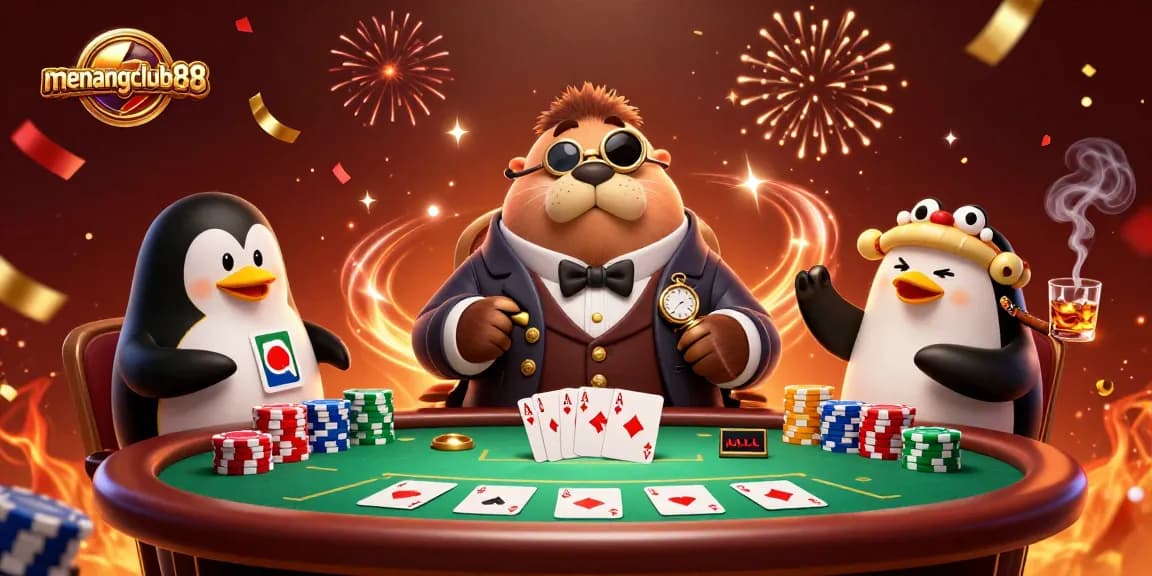 Engage in high-stakes poker at menangclub88, where a walrus and friends navigate an underwater casino scene.