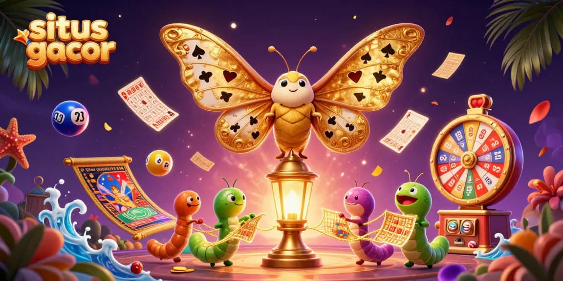 Engage with situs gacor as golden lottery elements and a vivid atlas moth create excitement.