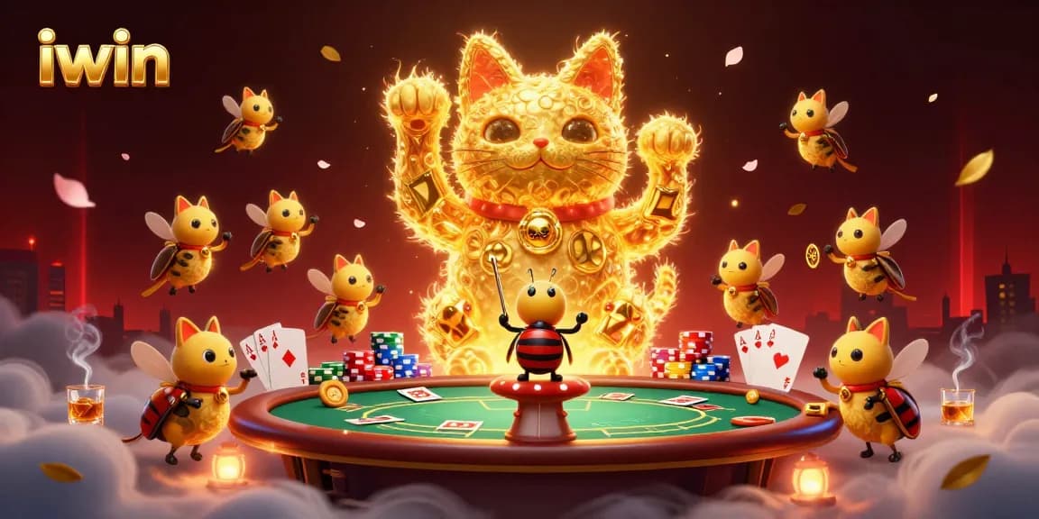 Experience the excitement of iwin as golden fireflies create a vivid lucky cat scene in a vibrant casino setting.