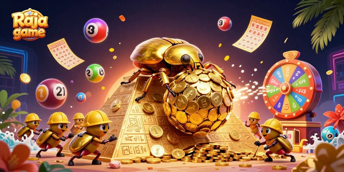 Engage in the thrilling Raja game with colorful lottery balls and golden prizes in a dynamic casino scene.