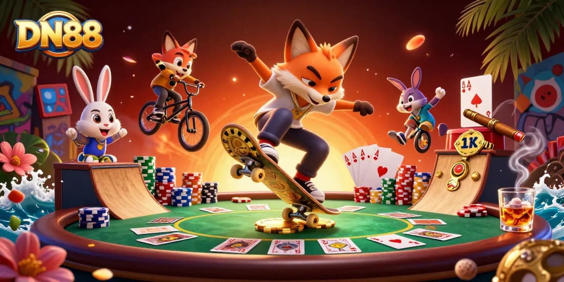 Engage with DN88's vibrant casino scene featuring dynamic gambling characters and rich details.