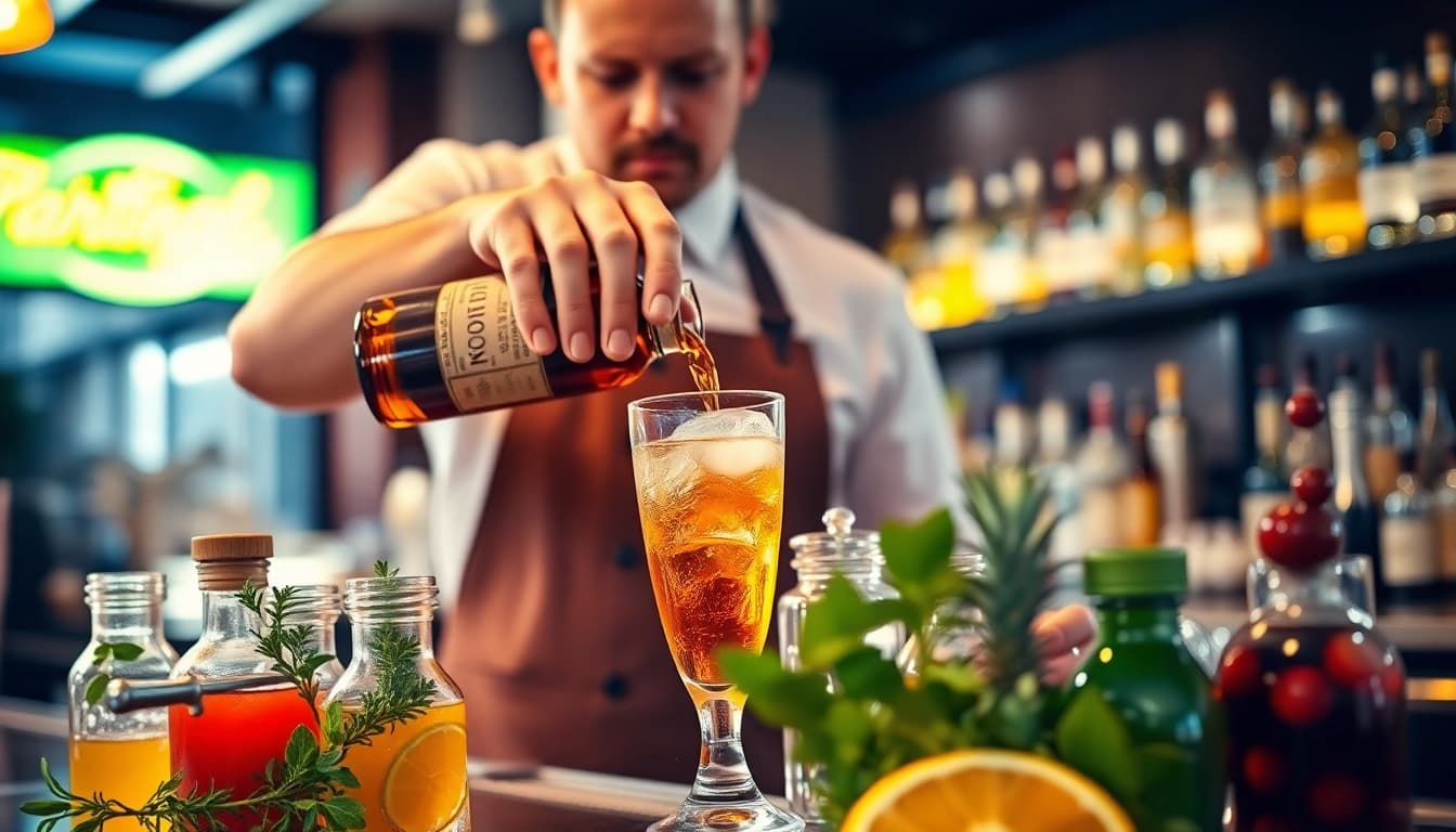 Mixing bourbon whiskey with colorful cocktail ingredients at a vibrant bar for unique cocktails