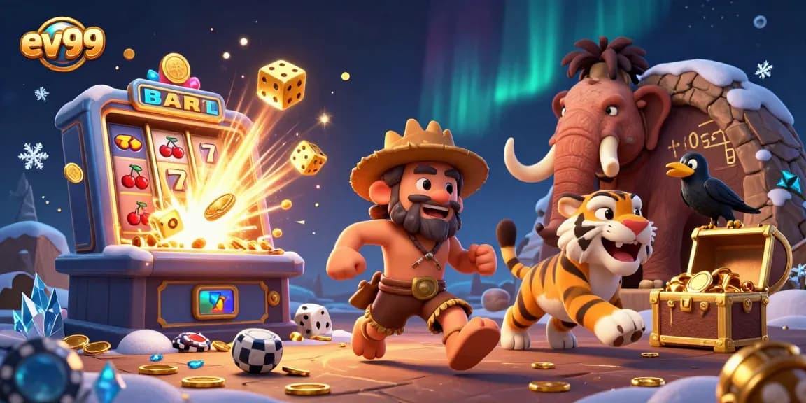 Join the excitement at ev99 with a dynamic, vibrant casino scene featuring unique characters and thrilling games.