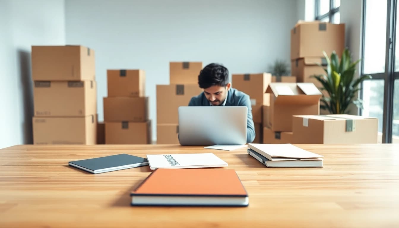 Writers relocating to Thane with a modern workspace and moving boxes, illustrating transitions.