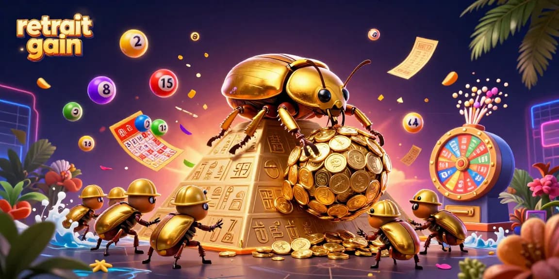 Retrait gain casino avec des coccinelles dorées et des symboles de jeu en 3D colorés et dynamiques.