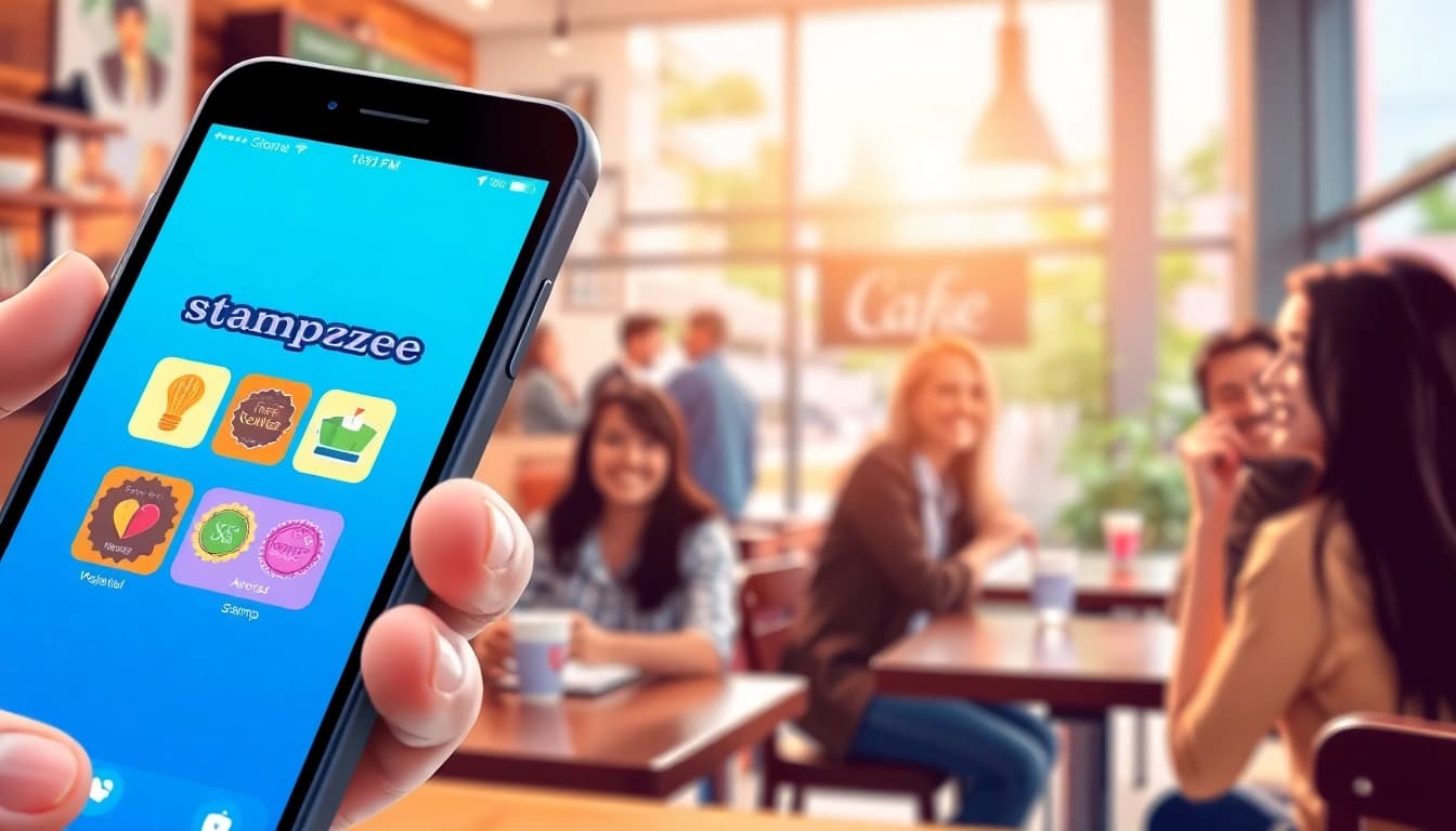 Engaging visual of stampezee app highlighting digital loyalty stamps in a lively café.
