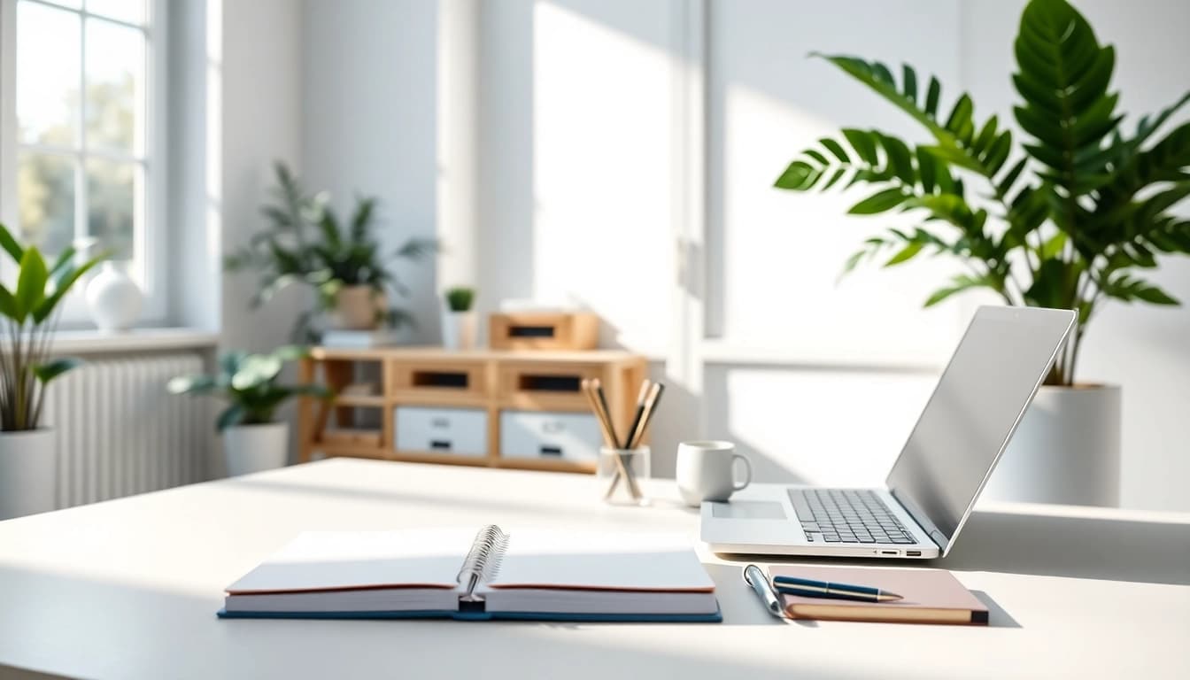 Effortless Daily Organization in a minimalist home office with a planner and calming decor.