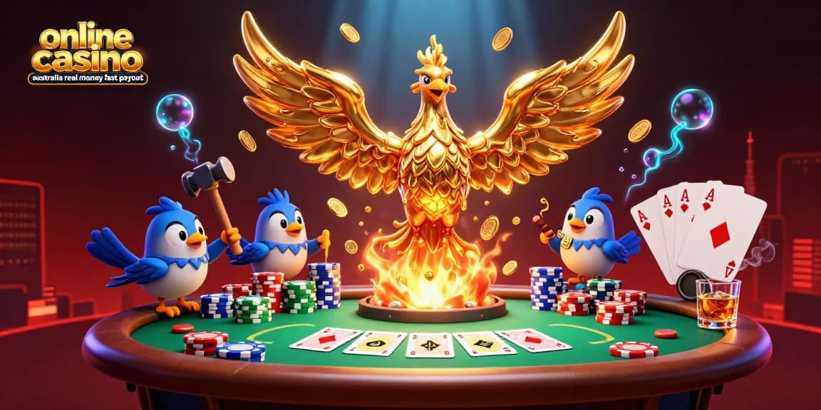 Engage with the online casino Australia real money fast payout scene featuring golden phoenix and poker elements.