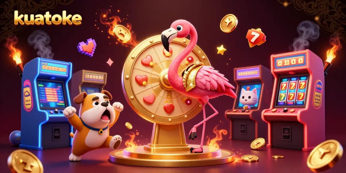 Kuatoke spins the prize wheel amidst vibrant casino elements, showcasing excitement and entertainment.