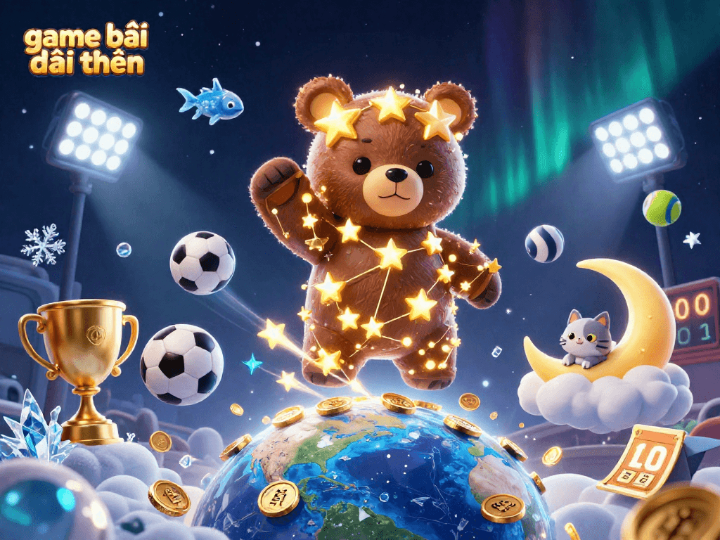 Experience game bài đổi thưởng action with a celestial bear and dynamic sports elements.
