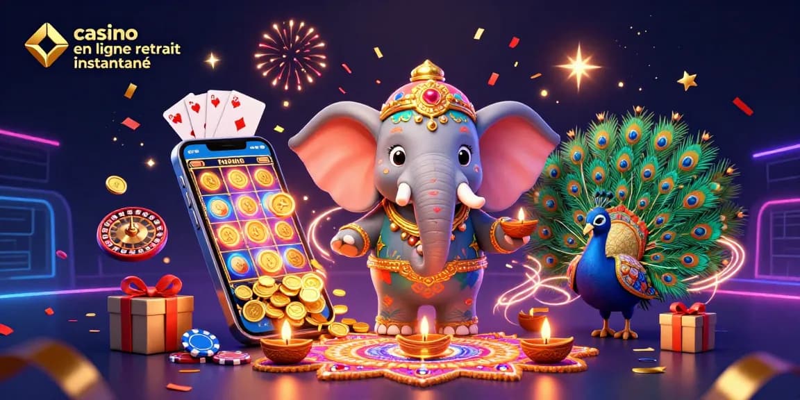 Profitez des jeux de casino en ligne retrait instantané avec un éléphant Diwali coloré et un paon brillamment décoré.