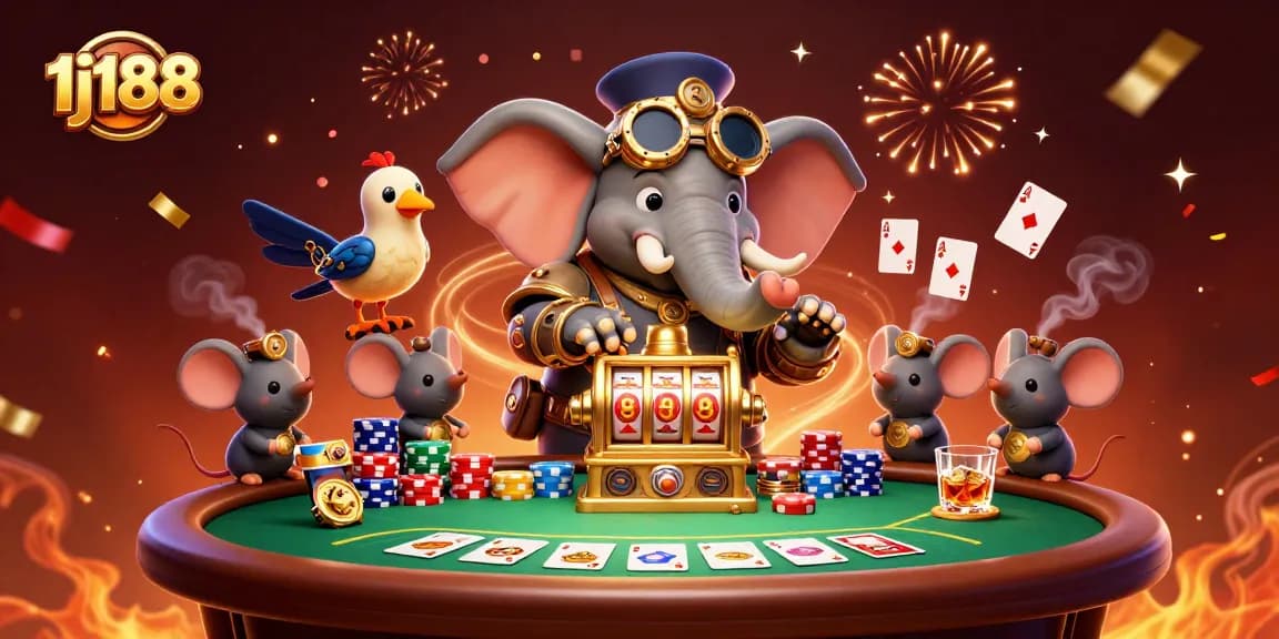Engage with the exciting world of 1j188 slot machines and card games in a vibrant illustration.