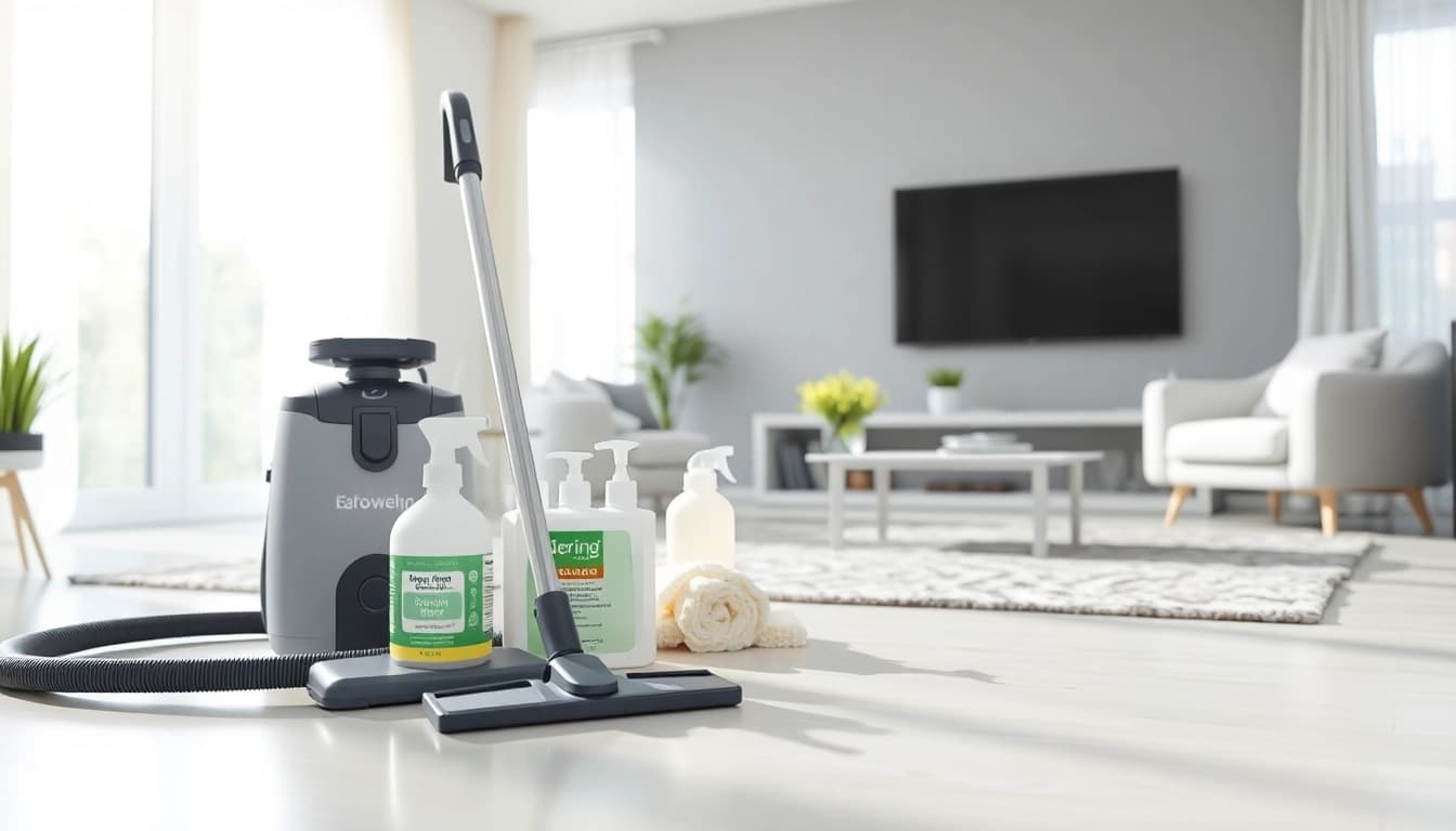 Bond cleaning tools arranged professionally in a bright, clean living room space.