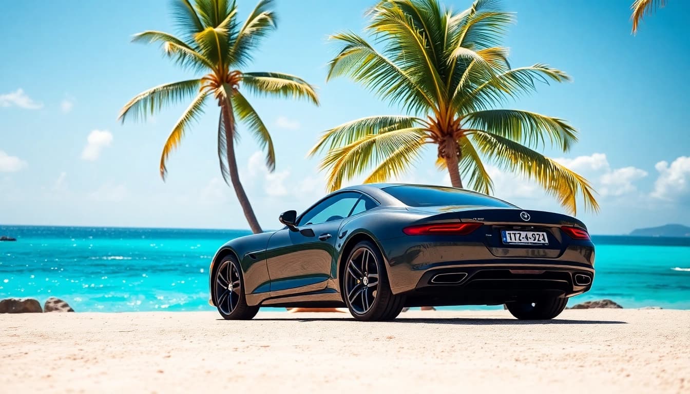 Enjoy car rental st barth with a scenic view of a rental car near a beautiful beach.