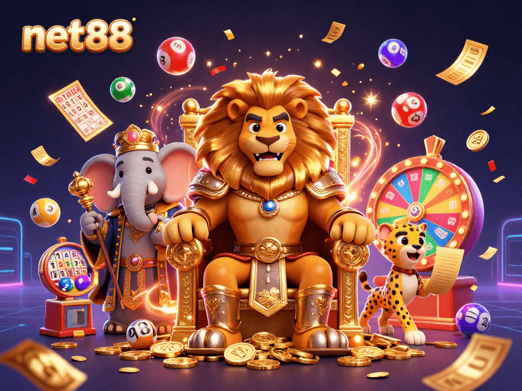 Join the dynamic world of net88 with a vibrant lottery scene featuring exciting characters and game elements.