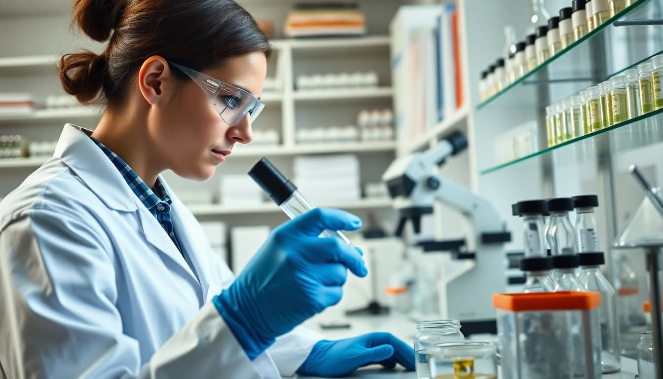 Buy cagrilintide while a scientist analyzes peptide samples in a laboratory.