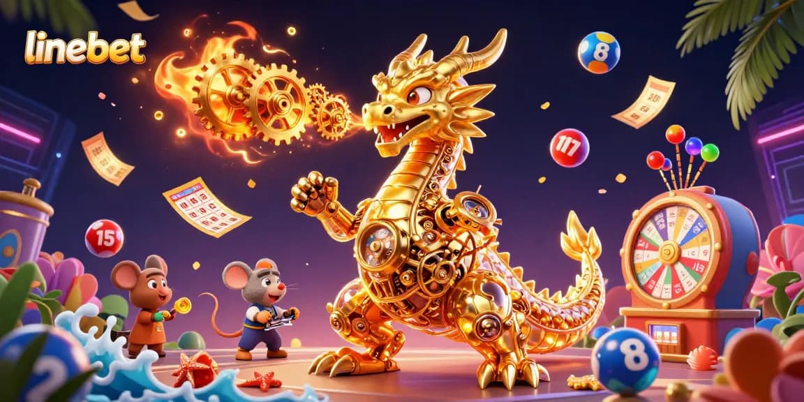Engage in thrilling linebet actions amid colorful lottery elements and a golden dragon in dynamic casino scene.