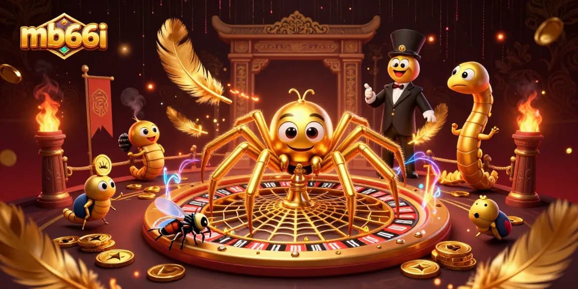 Bet big with mb66i in this vibrant 3D casino scene featuring a golden spider and centipede croupier.