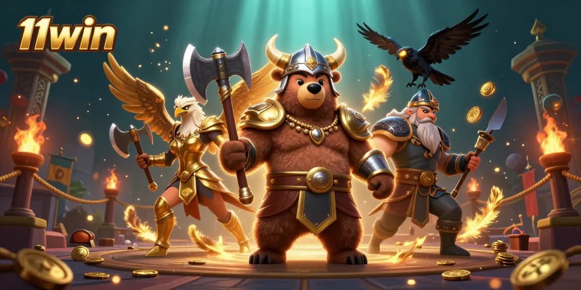 Join the 11win adventure with a Viking bear and Valkyrie eagle in a thrilling casino scene.