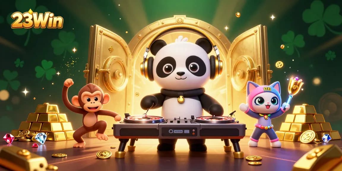 23Win showcases a vibrant scene with a DJ panda mixing roulette while a monkey dances, including gold treasures.