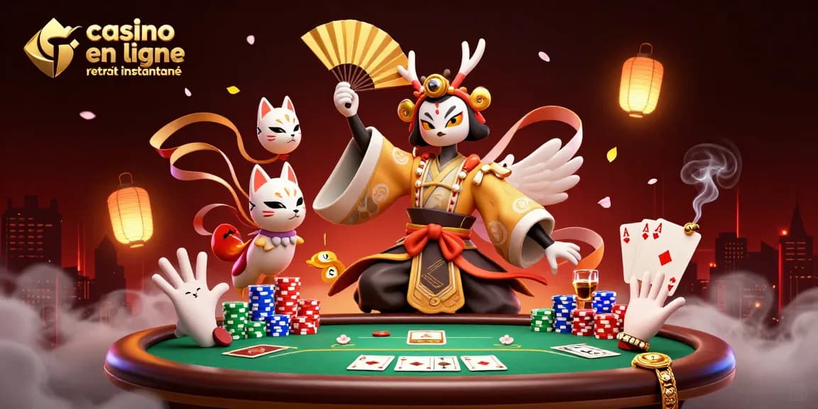 Affrontez le jeu avec casino en ligne retrait instantané, illustrant une scène de poker animée remplie de couleurs et d'énergie.