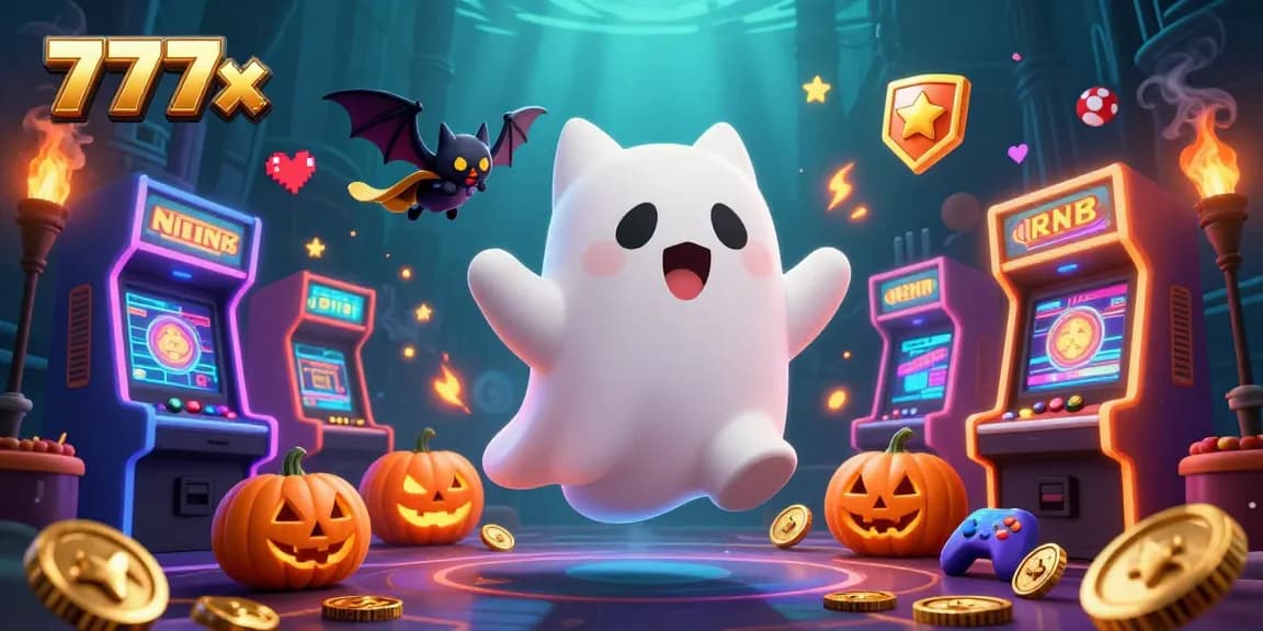 Experience the thrill at 777x with a playful ghost cat in a haunted casino scene.