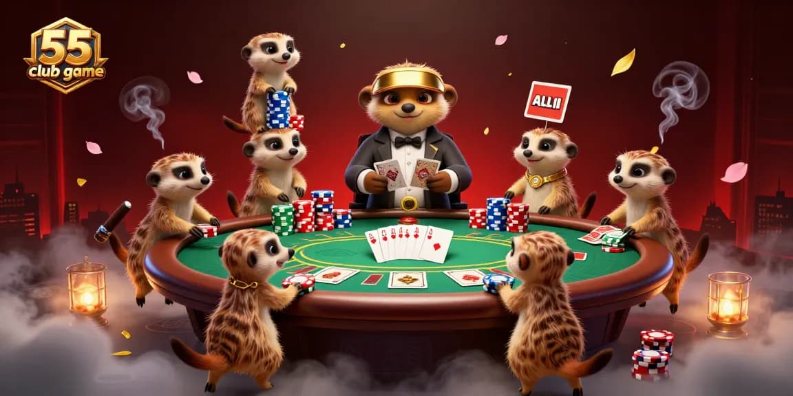 Engage in the exciting 55 club game with meerkats expertly managing a lively poker scene.