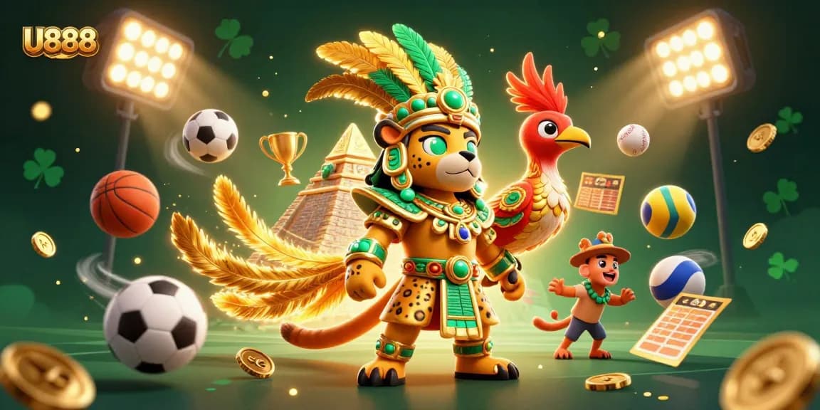 Experience U888's vibrant gaming world with a dynamic 3D scene of sports and celebration.