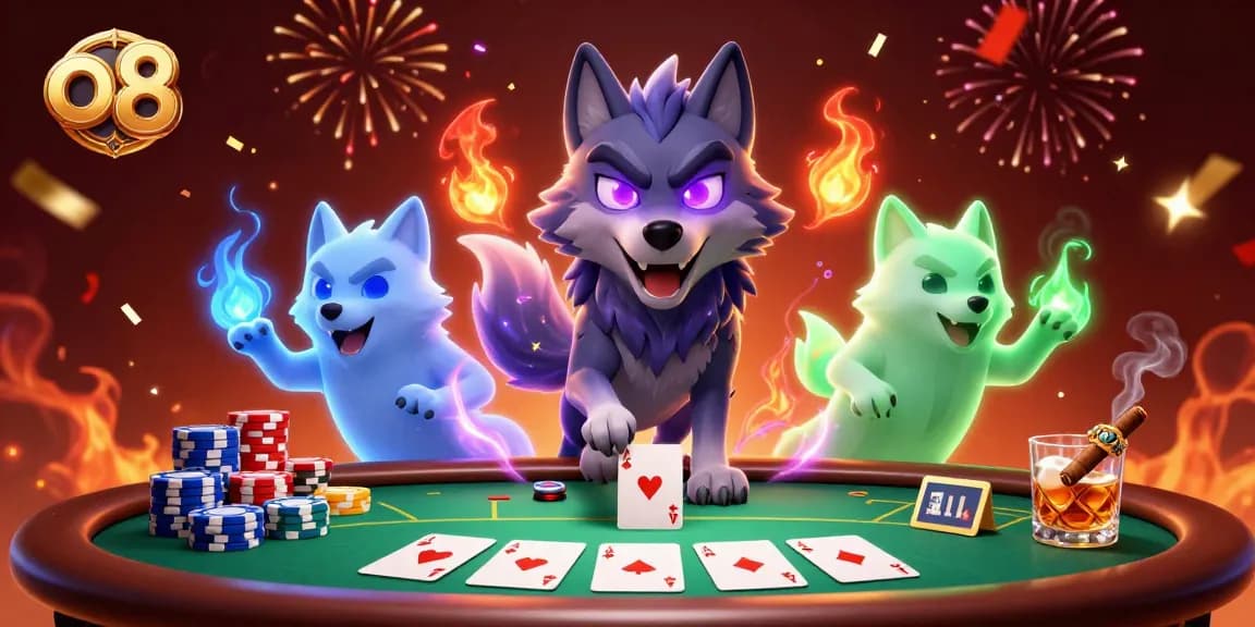 Experience thrilling poker gameplay with o8's captivating 3D wolf leader illustration.