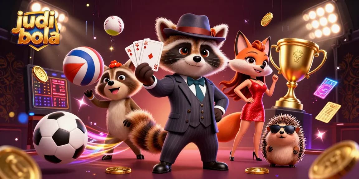 Gambaran judi bola dengan karakter kartun 3D, bola olahraga, dan elemen kasino dinamis.
