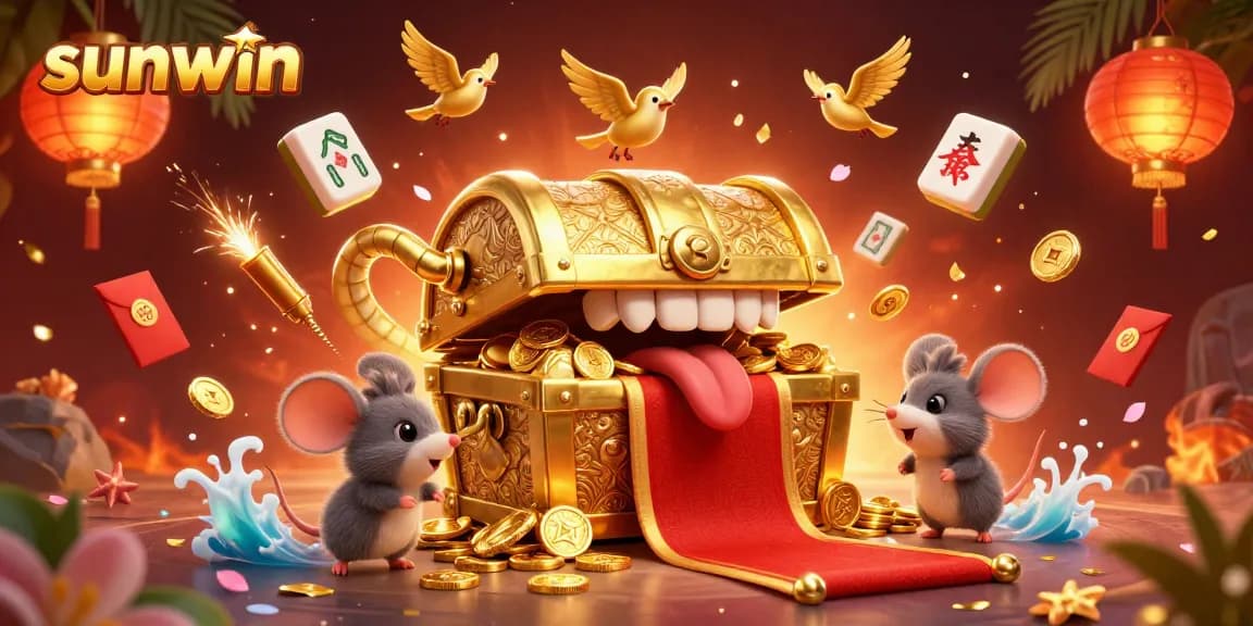 Join the sunwin adventure with riches from a golden treasure chest and vibrant game elements.