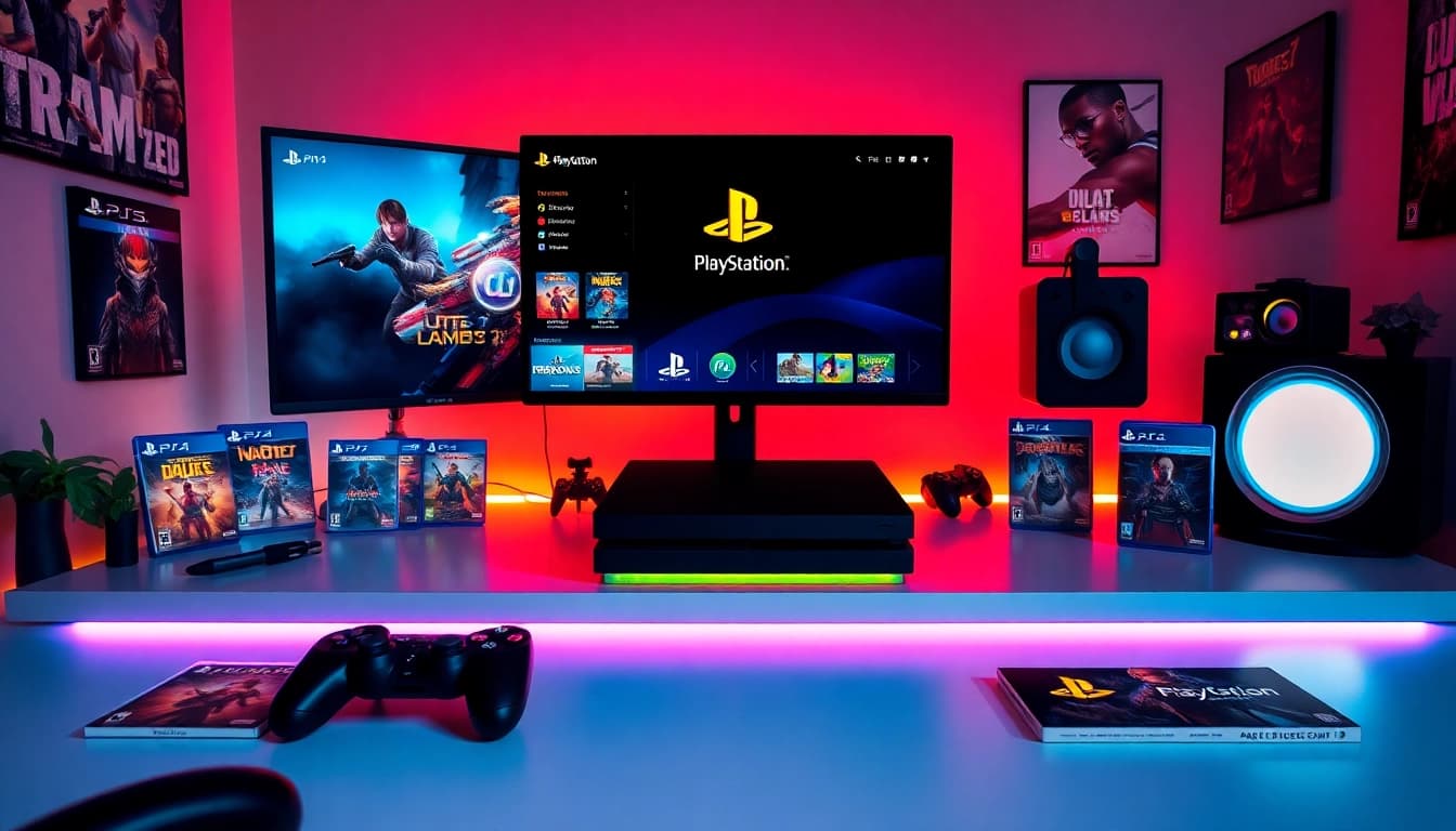 Showcase of PS Plus Premium games in an immersive gaming setup with vibrant colors.
