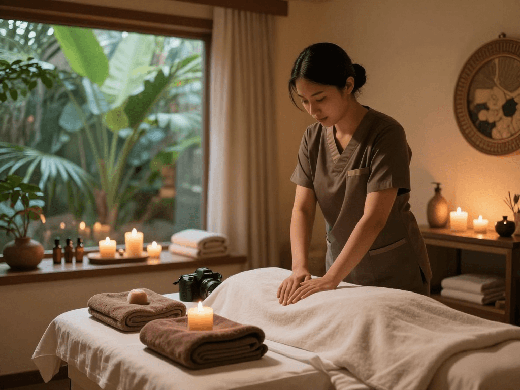 Professional therapist preparing in a serene wellness spa for a mantra88 login session, showcasing ambiance and relaxation.
