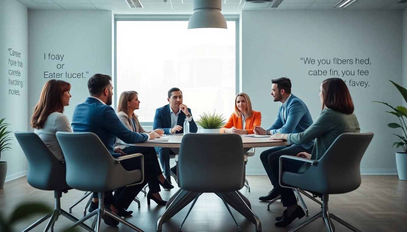 Engaging career coaching scene showcasing a diverse group in a modern office.
