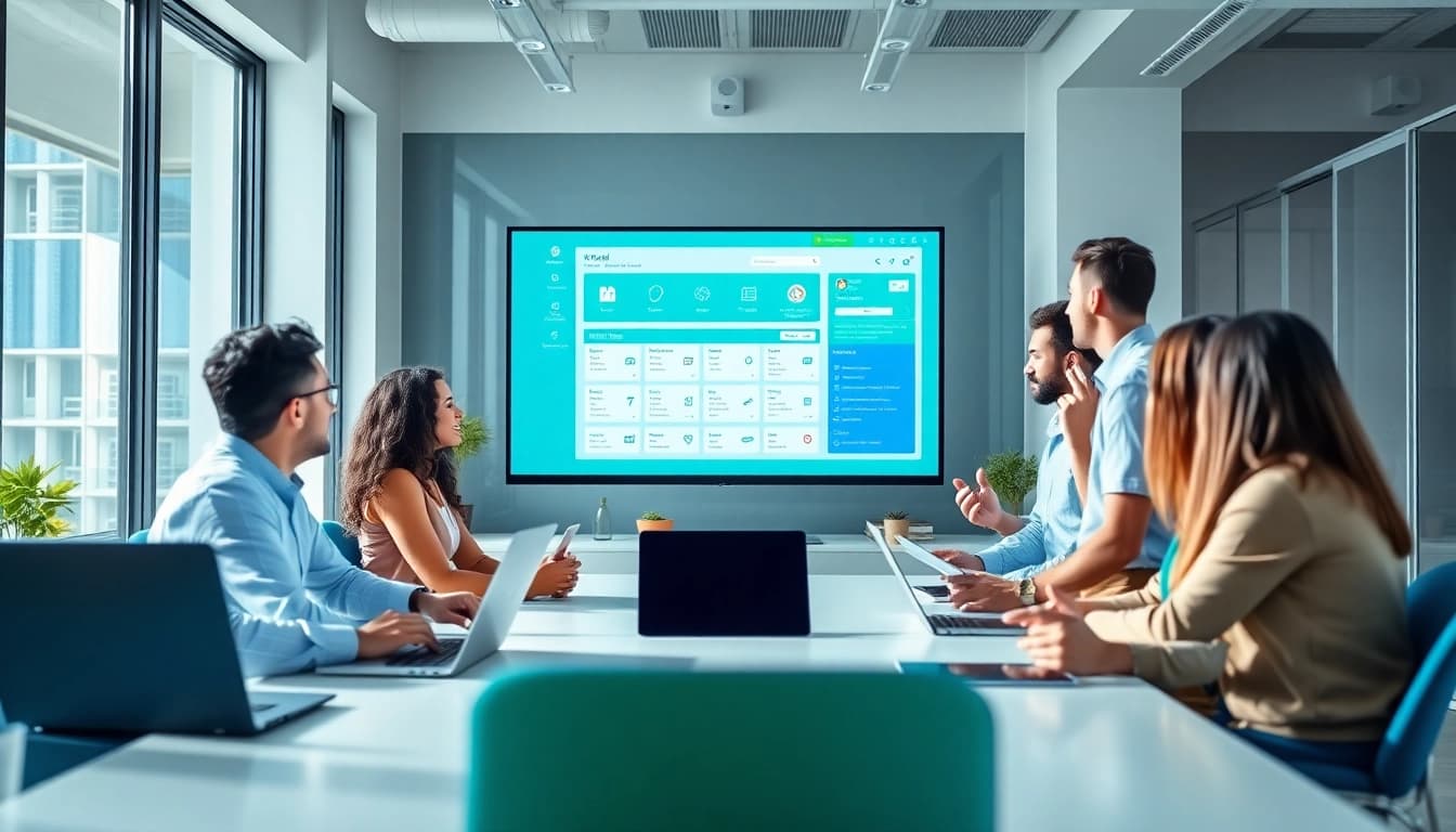 Team collaborating around the O2 Portal interface on a large screen in a modern office.