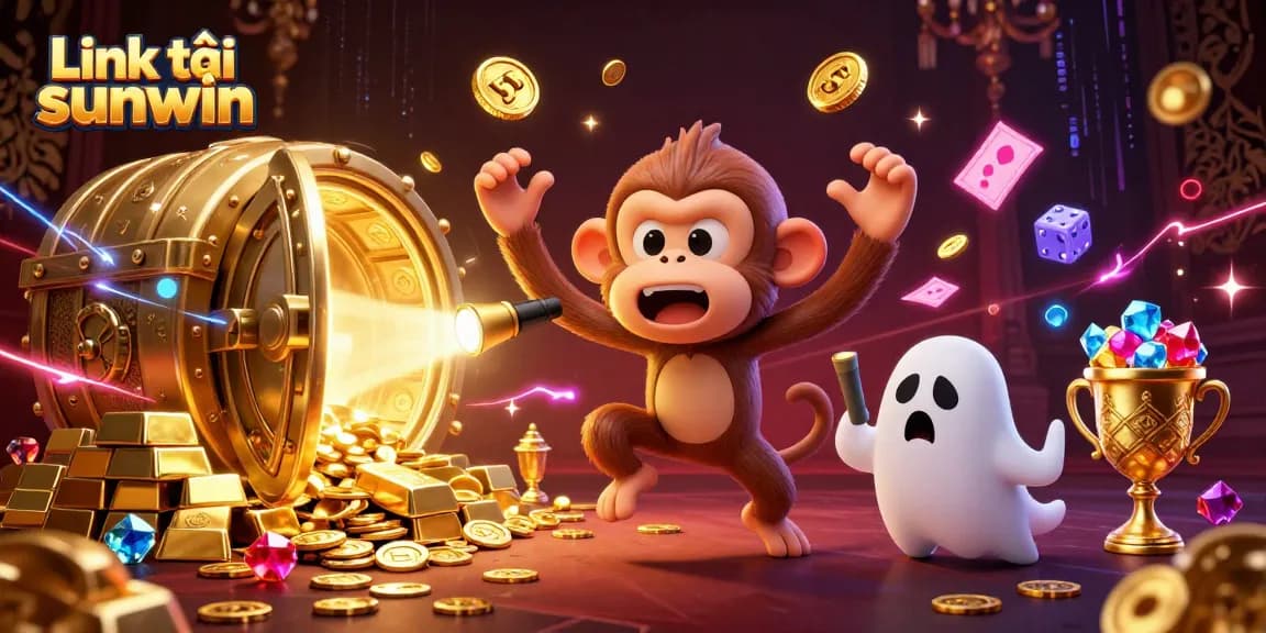 Engage with the thrilling Link tải sunwin scene featuring a playful poltergeist monkey and a curious puppy in a vibrant casino.