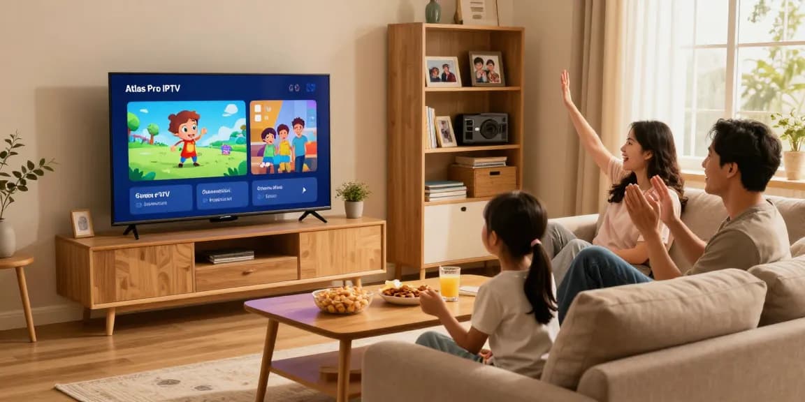 Family enjoying home entertainment with atlas pro iptv on Smart TV in a cozy living room setting.