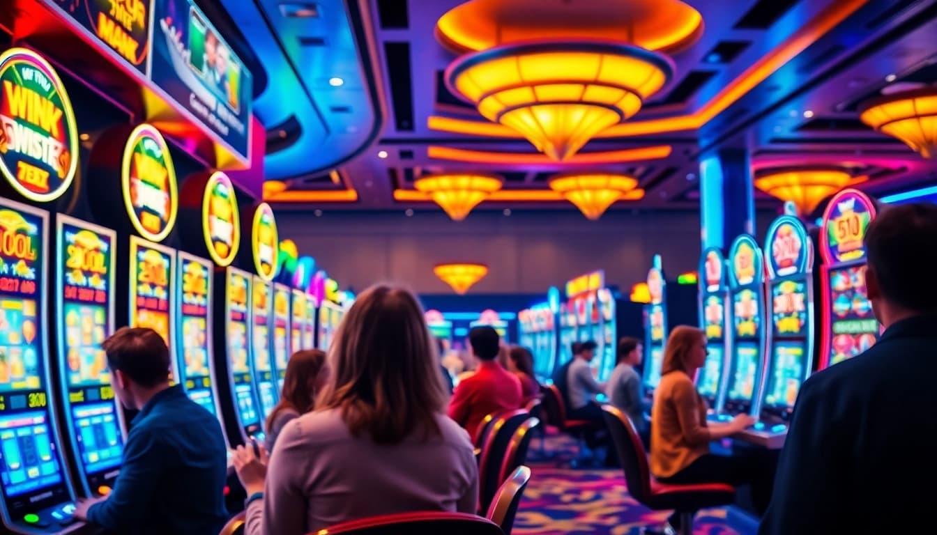 Menangkan Slot Depo 5000 di area mesin slot kasino yang ramai.