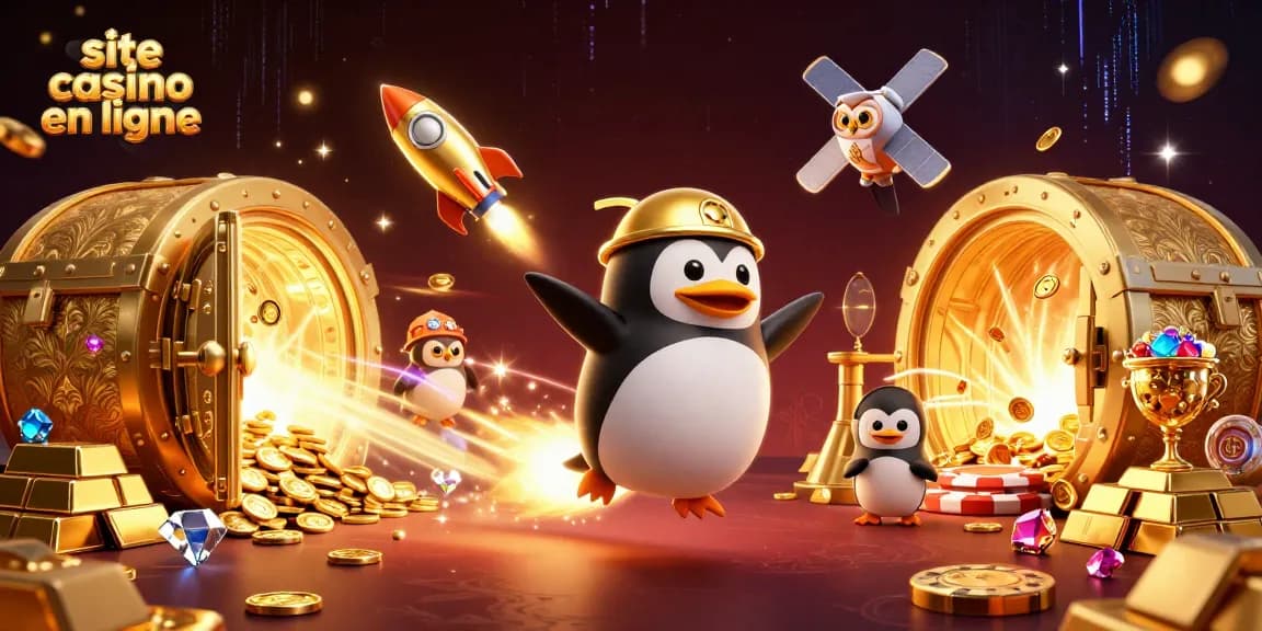 Gagnez avec le site casino en ligne grâce à une illustration d'un pingouin en or et d'un vaisseau spatial.