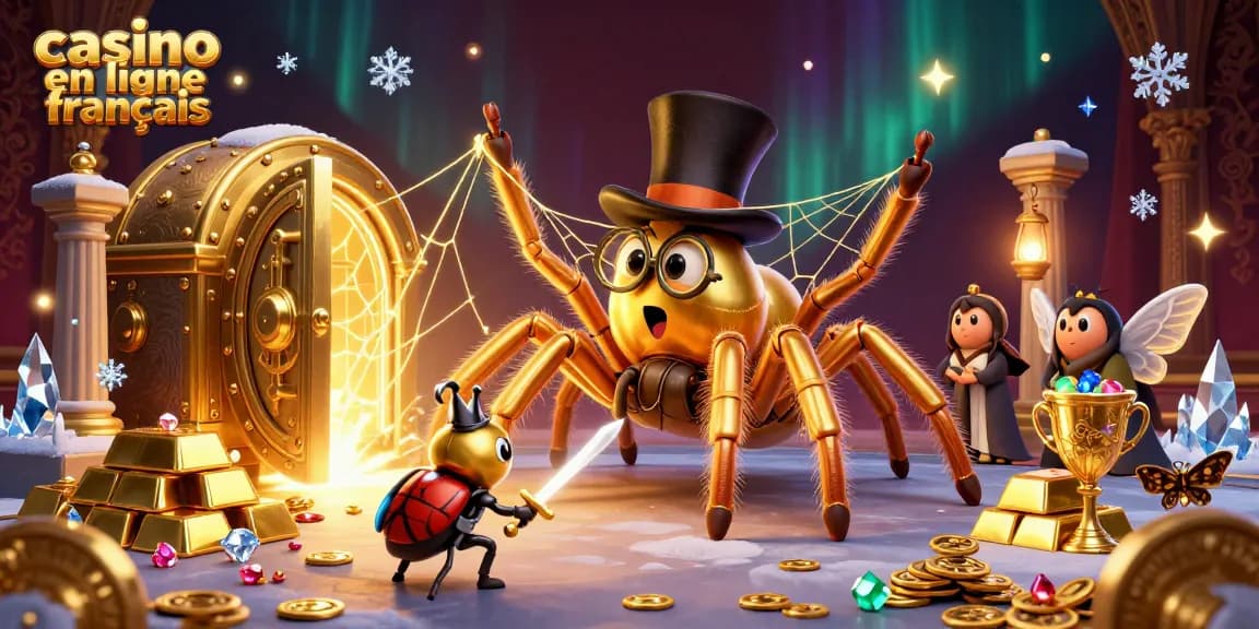 Découvrez l'univers fascinant du casino en ligne francais dans une illustration captivante avec une tarentule dorée et un chevalier.