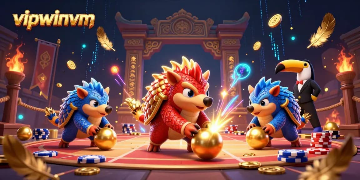 Engage with vipwinvm as rival pangolins compete in a vibrant casino gaming showdown.