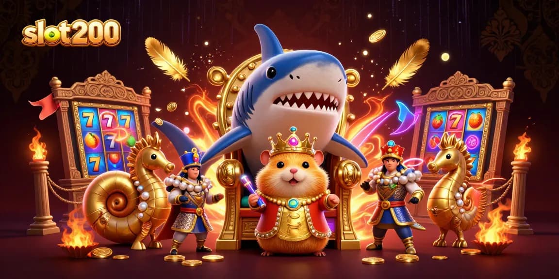 Experience the excitement of slot200 with golden hamster king and slot reels in a vibrant casino scene.