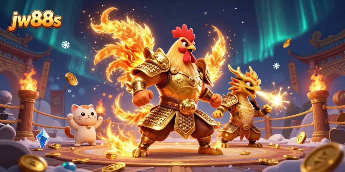 Engage in thrilling battles at JW88s with our fierce rooster warrior and stunning dragon hatchling.