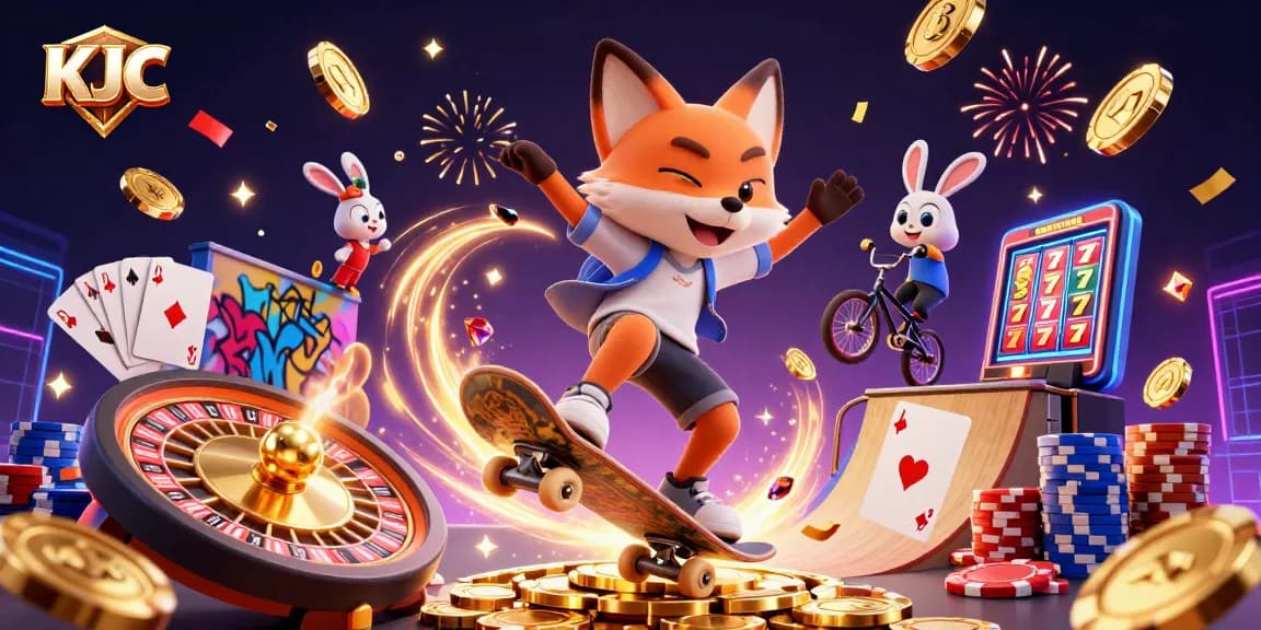 KJC shines as the fox performs tricks over golden poker chips, celebrating casino victories.