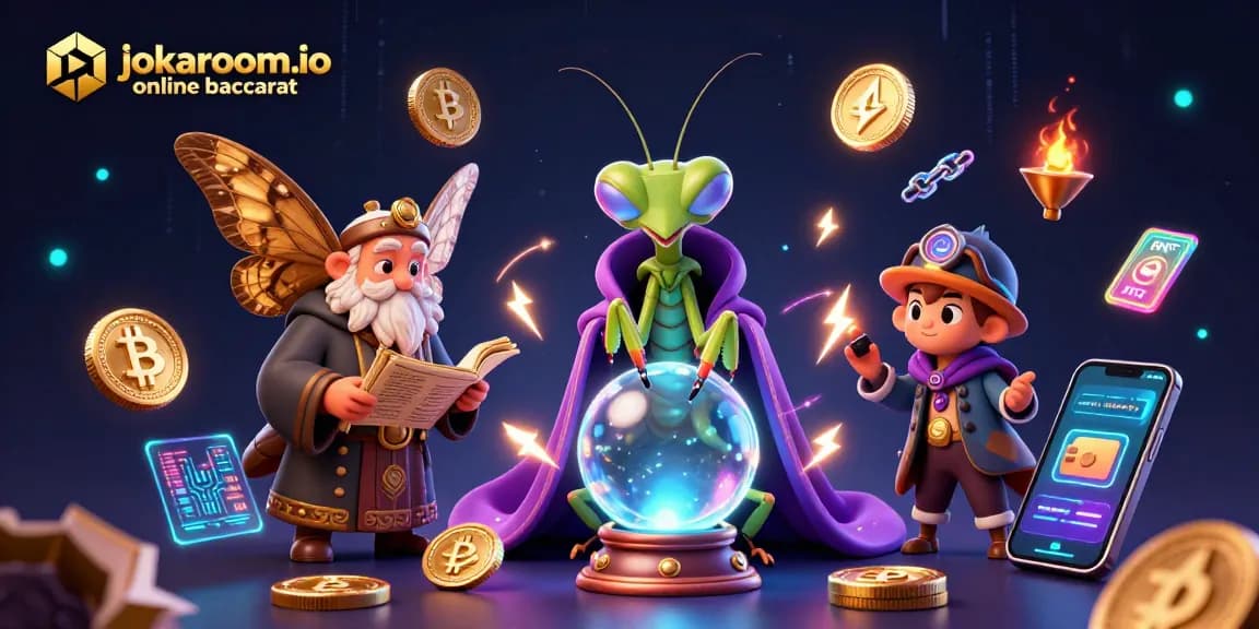 Join the excitement of jokaroom.io online baccarat with a vibrant scene of mystical characters and digital elements enhancing gameplay.