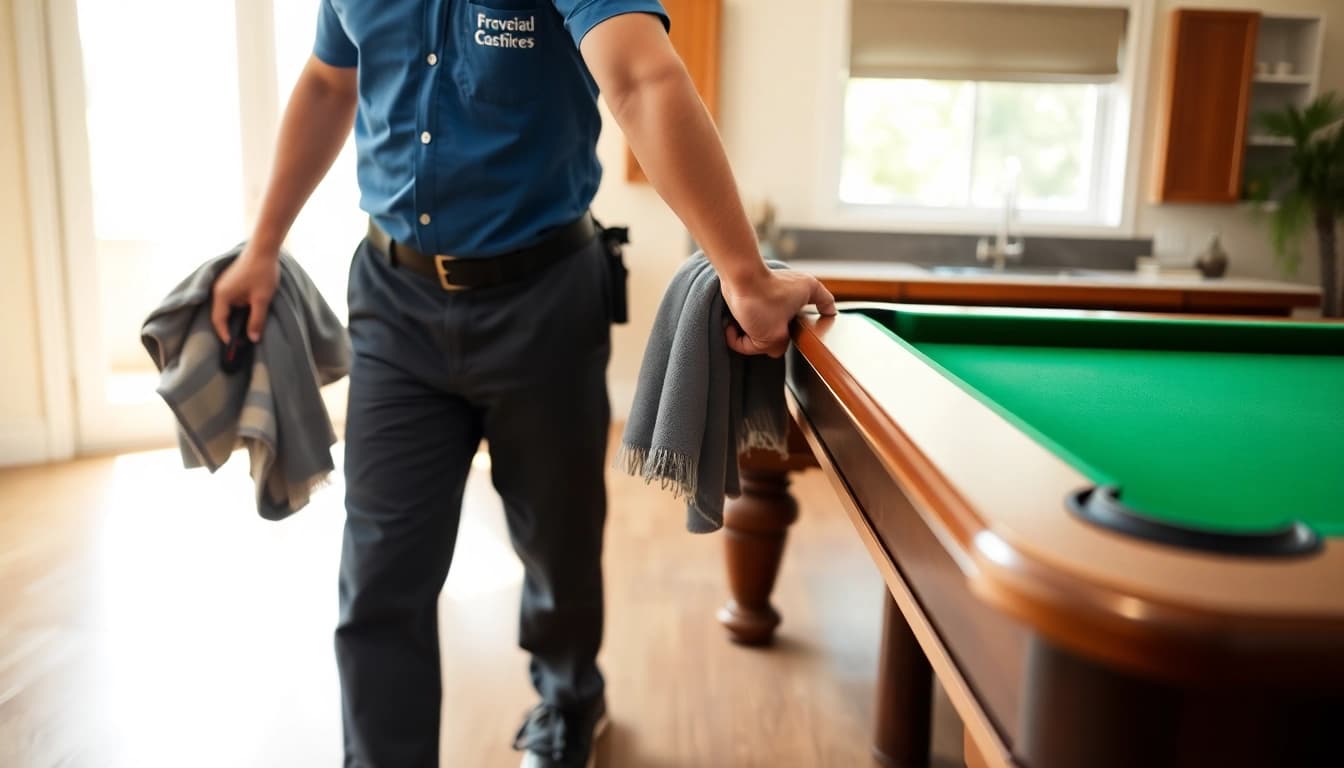 Pool table mover expertly disassembling a slate pool table in a bright setting.