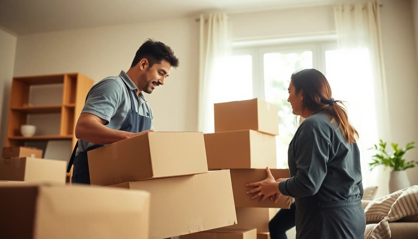 Small apartment movers Phoenix efficiently packing boxes in a cozy living room during a move.