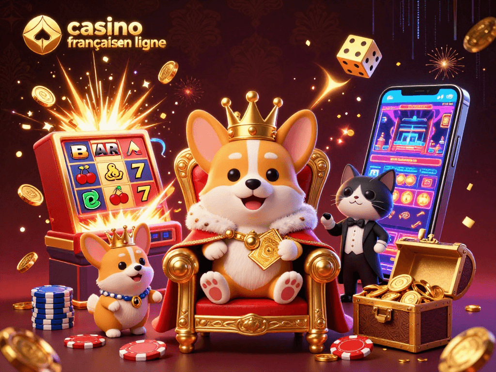 Jeu captivant au casino francais en ligne avec un corgi royal entouré d'éléments de jeu animés.